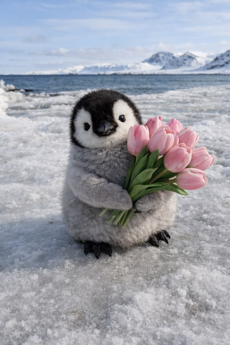 Baby penguin holding pink tulips